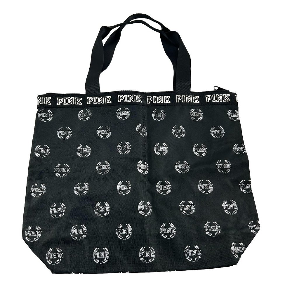 Victorias Secret Pink Spell Out Black Tote Zip Close Polyester Double Handles